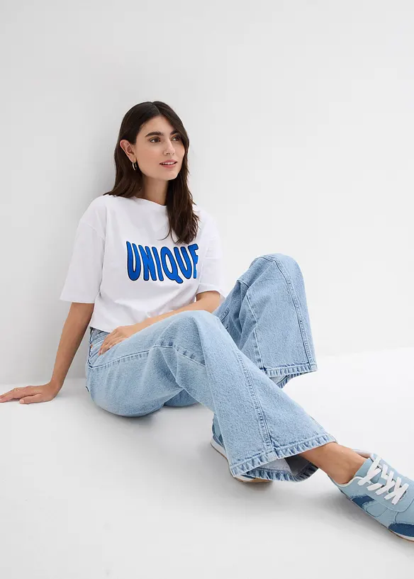 Jean large taille haute, peu extensible, bonprix