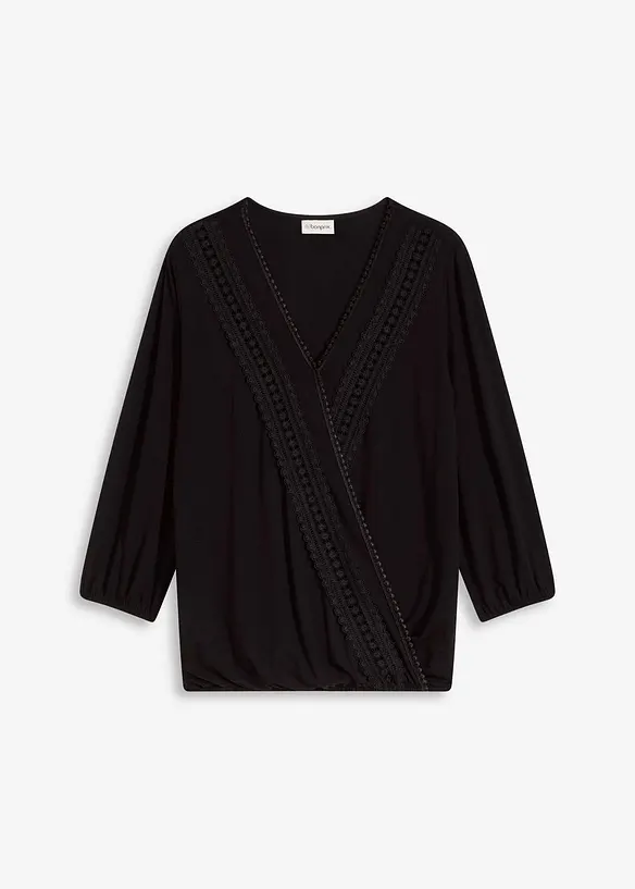 T-shirt manches 3/4 avec dentelle, style portefeuille, bonprix