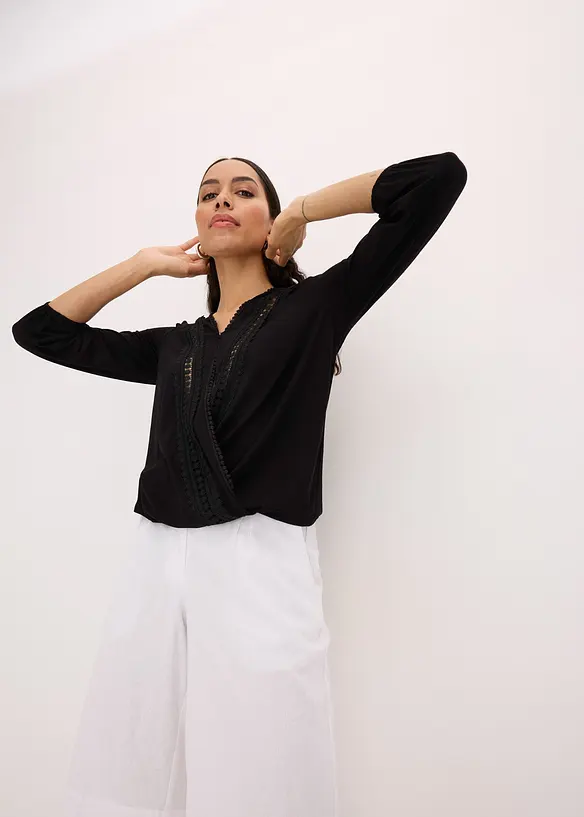 T-shirt manches 3/4 avec dentelle, style portefeuille, bonprix