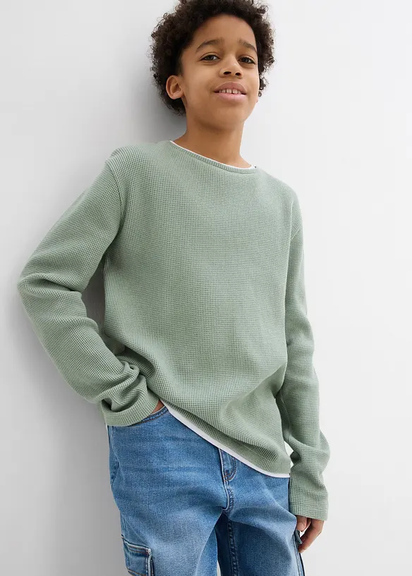 T-shirt manches longues 2 en 1 en coton aspect gaufré, bonprix