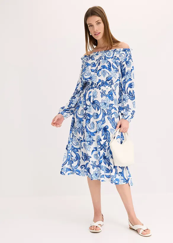 Robe à col Bardot en viscose texturée, bonprix