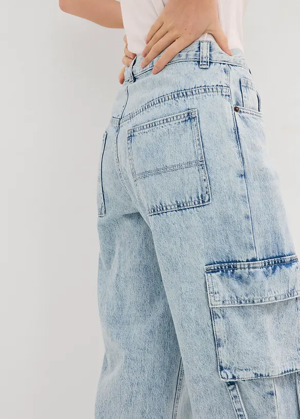 Jean cargo taille mi-haute, peu extensible, long, bonprix