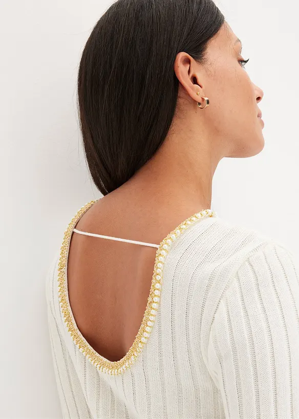 Pull côtelé avec bordure de perles décoratives, bonprix