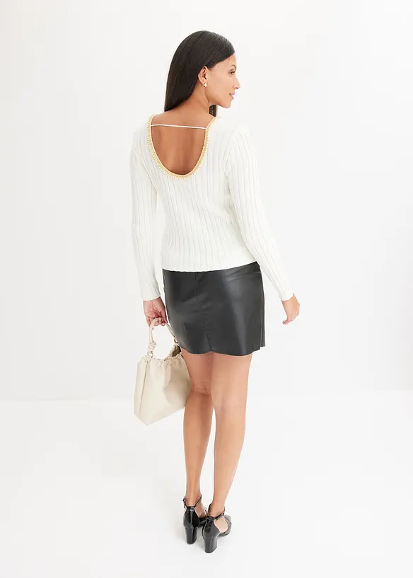 Pull côtelé avec bordure de perles décoratives, bonprix