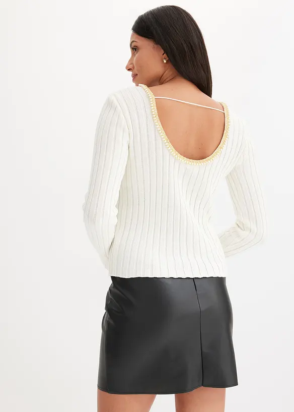 Pull côtelé avec bordure de perles décoratives, bonprix