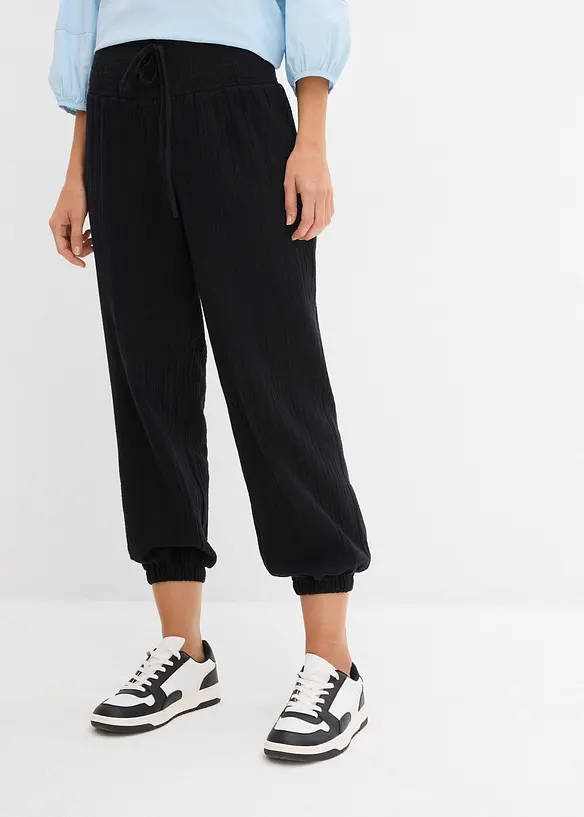 Pantalon en gaze de coton avec ceinture smockée, bonprix