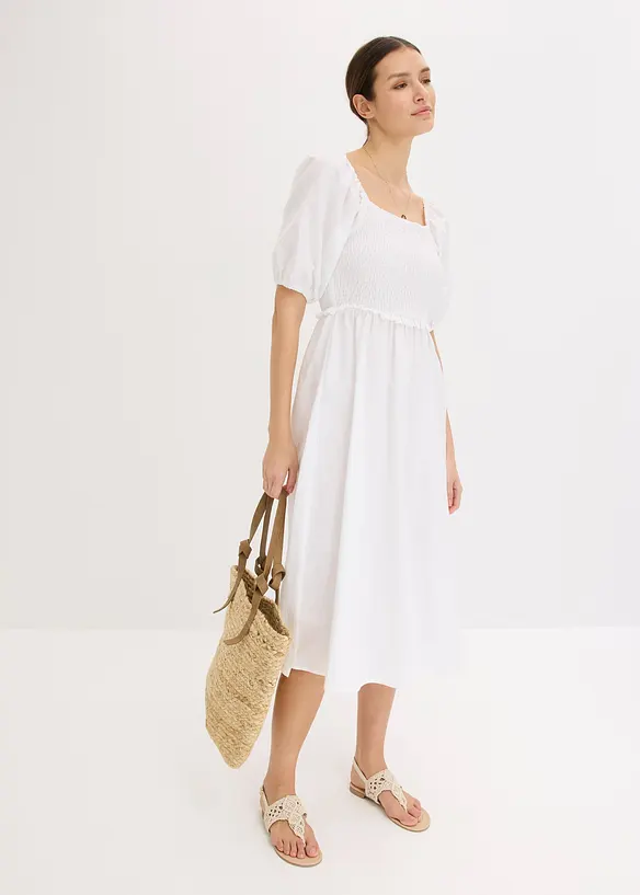 Robe midi à manches bouffantes et haut smocké, bonprix