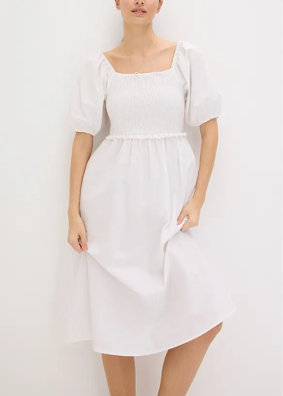 Robe midi à manches bouffantes et haut smocké, bonprix