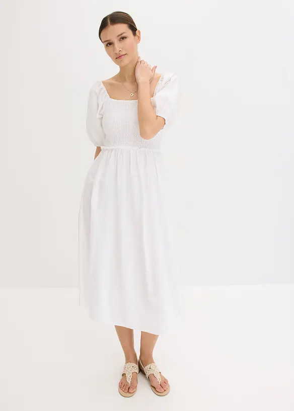 Robe midi à manches bouffantes et haut smocké, bonprix