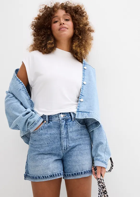 Short en jean taille haute, peu extensible, bonprix