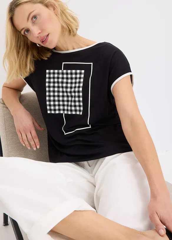 T-shirt à imprimé placé et passepoil contrastant, bonprix