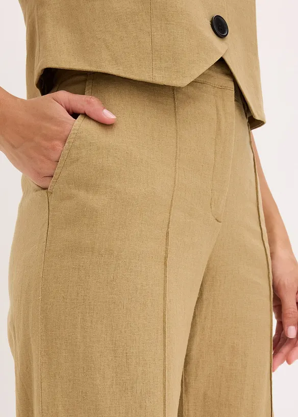 Pantalon taille haute à pinces en lin majoritaire, bonprix