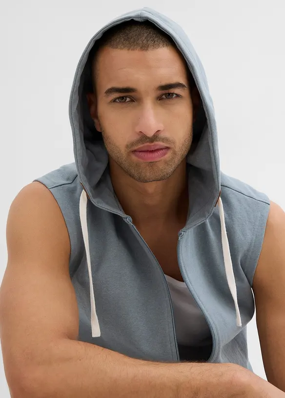 Sweat zipp&eacute; &agrave; capuche sans manches en coton m&eacute;lang&eacute;, bonprix