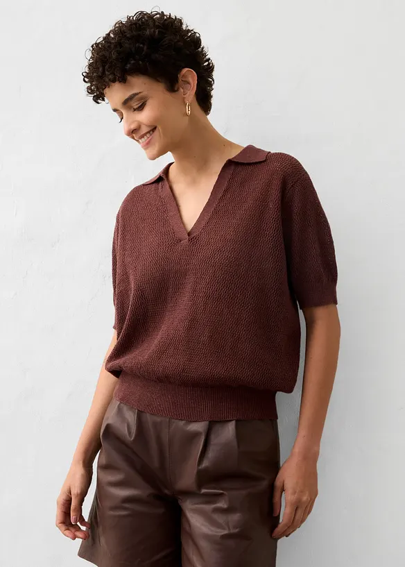 Polo en maille ajourée avec lin, bonprix