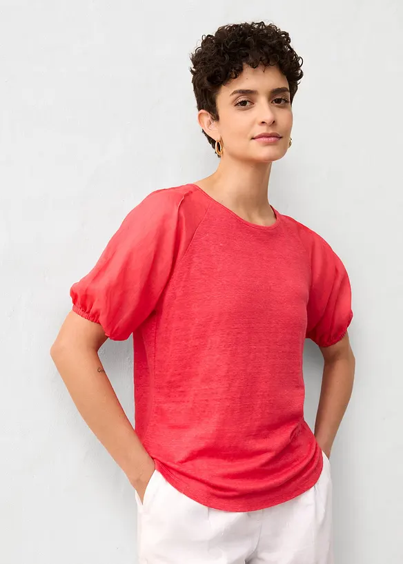 T-shirt en lin à manches ballon, bonprix