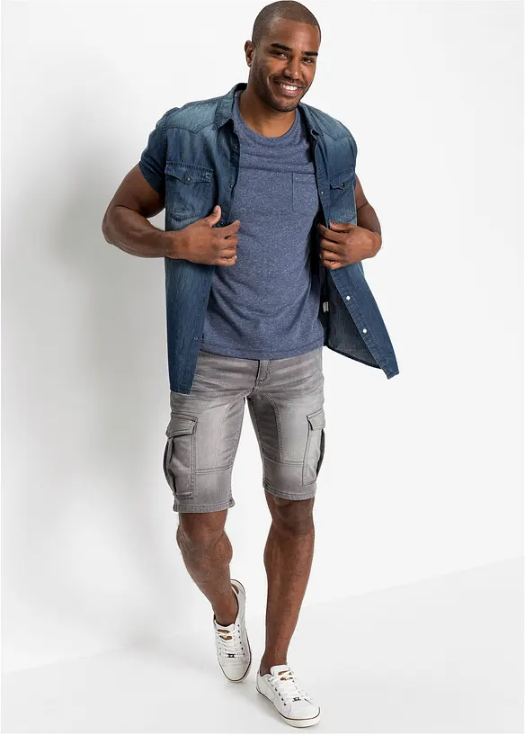 Chemise manches courtes slim en jean, 100% coton, bonprix