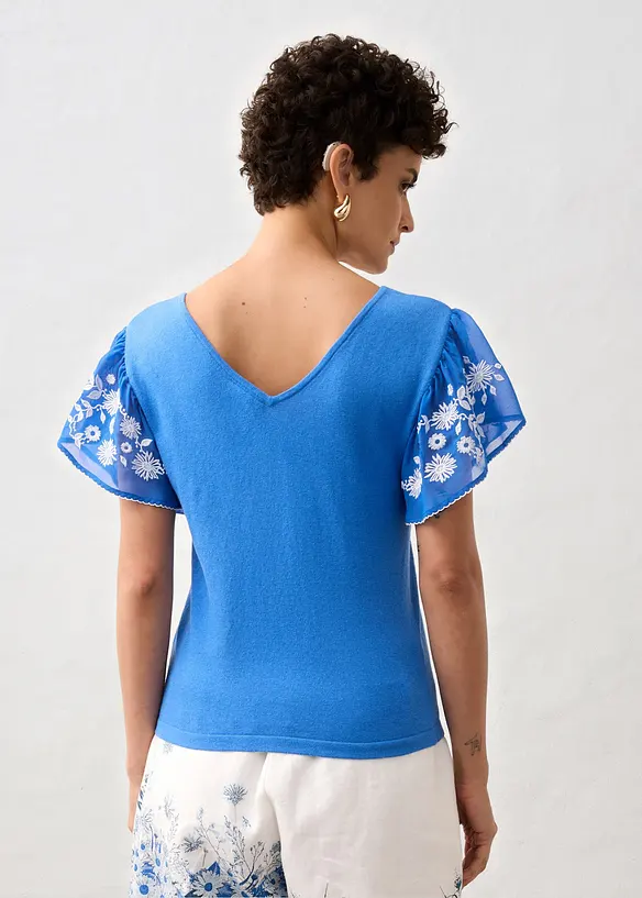 Haut en maille coton et soie avec manches en cr&ecirc;pe, bonprix