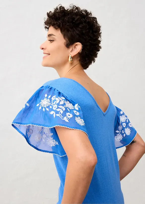 Haut en maille coton et soie avec manches en cr&ecirc;pe, bonprix