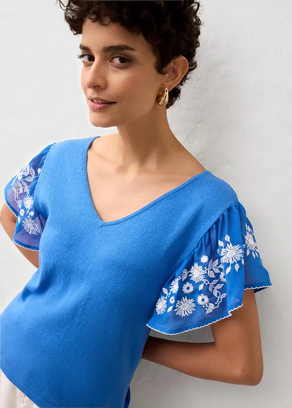 Haut en maille coton et soie avec manches en cr&ecirc;pe, bonprix