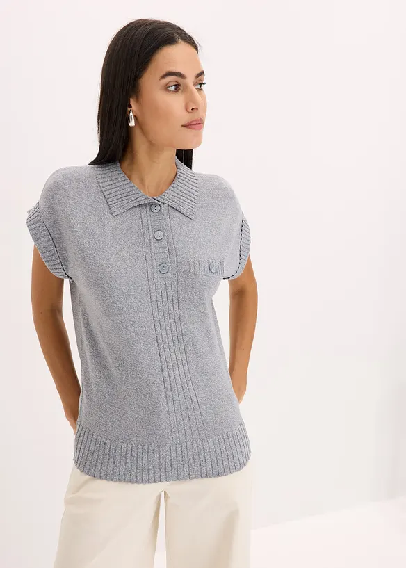 Pull col polo en coton m&eacute;lang&eacute;, bonprix