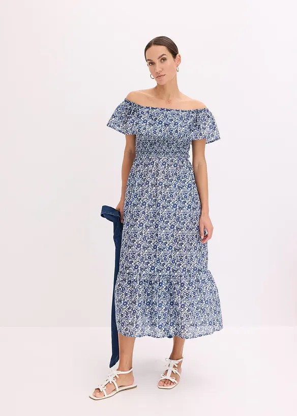 Robe midi à col Bardot en coton léger, bonprix
