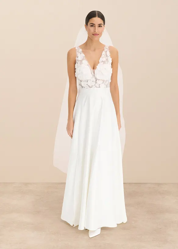 Robe de mariée en satin brillant avec application de fleurs, bonprix