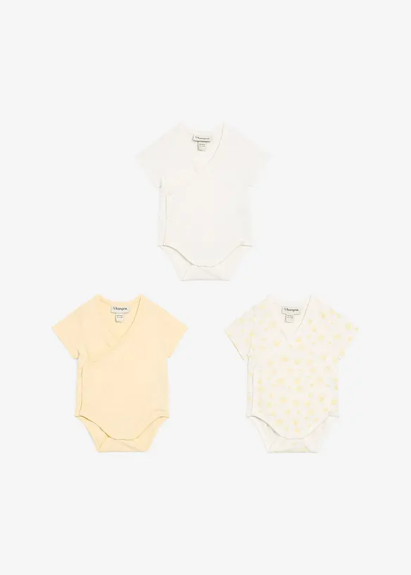 Lot de 3 bodies bébé croisés manches courtes, 100% coton, bonprix