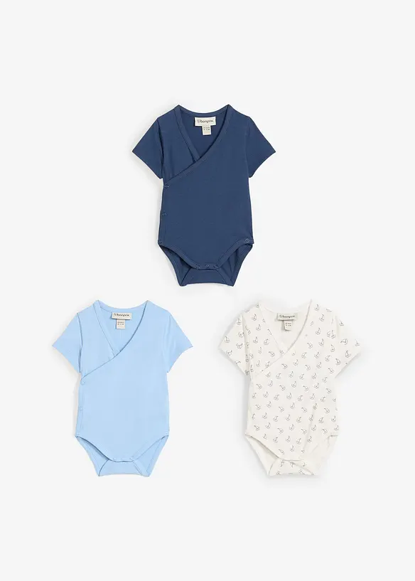 Lot de 3 bodies bébé croisés manches courtes, 100% coton, bonprix