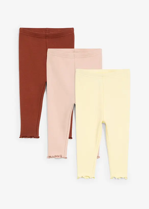 Lot de 3 leggings côtelés en coton, bas volanté, bonprix