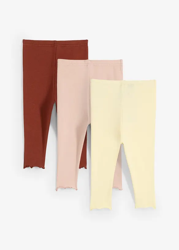 Lot de 3 leggings côtelés en coton, bas volanté, bonprix