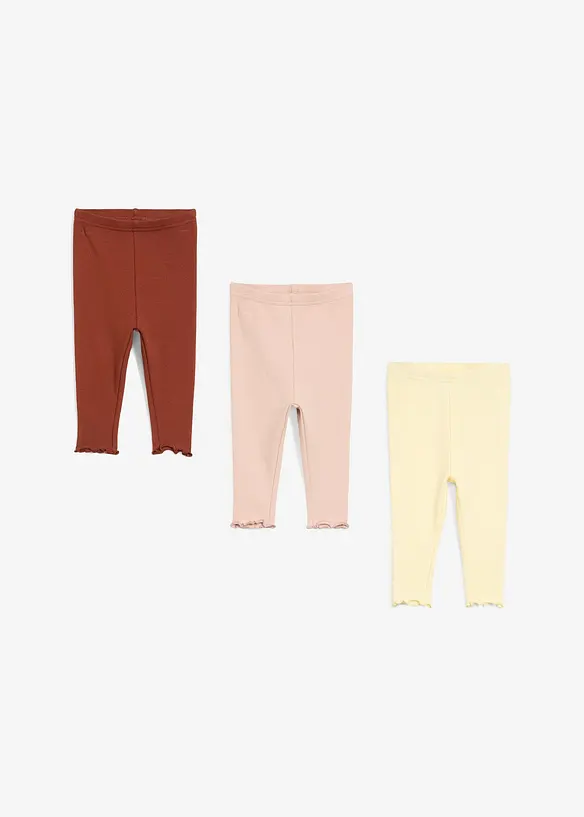 Lot de 3 leggings côtelés en coton, bas volanté, bonprix