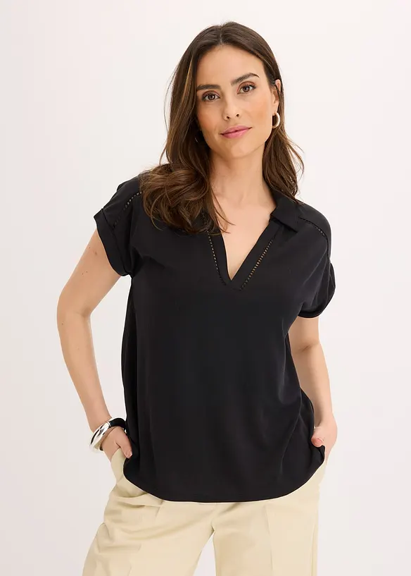 Polo en maille piquée de viscose avec empiècement en dentelle, bonprix