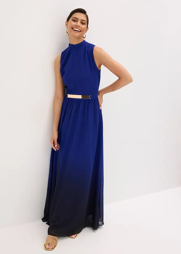 Robe longue en crêpe à col montant et empiècement taille, bonprix