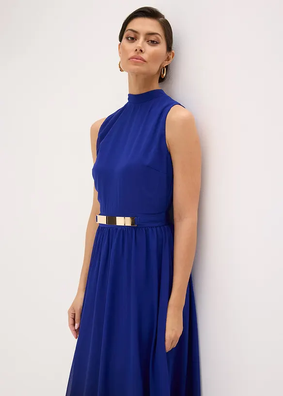 Robe longue en crêpe à col montant et empiècement taille, bonprix