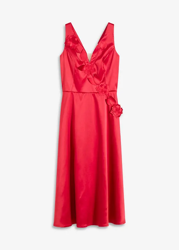 Robe midi en satin brillant avec fleurs appliquées, bonprix
