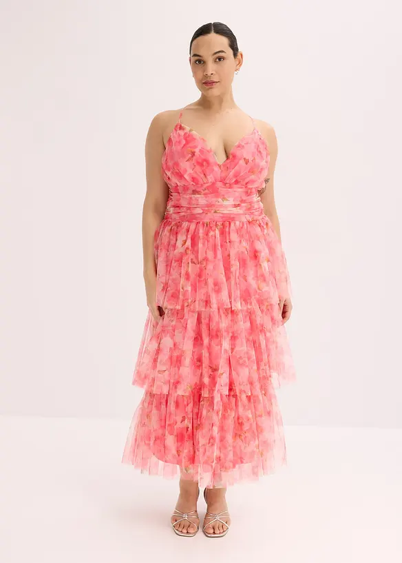 Robe midi en tulle fin à volants, bonprix