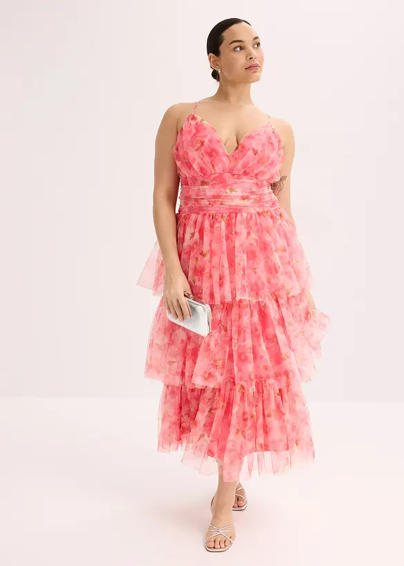 Robe midi en tulle fin à volants, bonprix