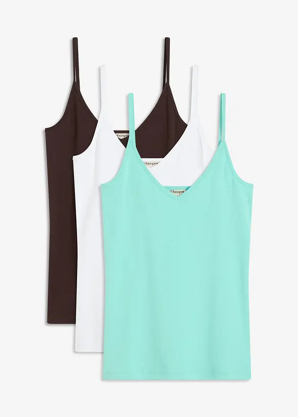 Lot de 3 tops &agrave; fines bretelles 100% coton, bonprix