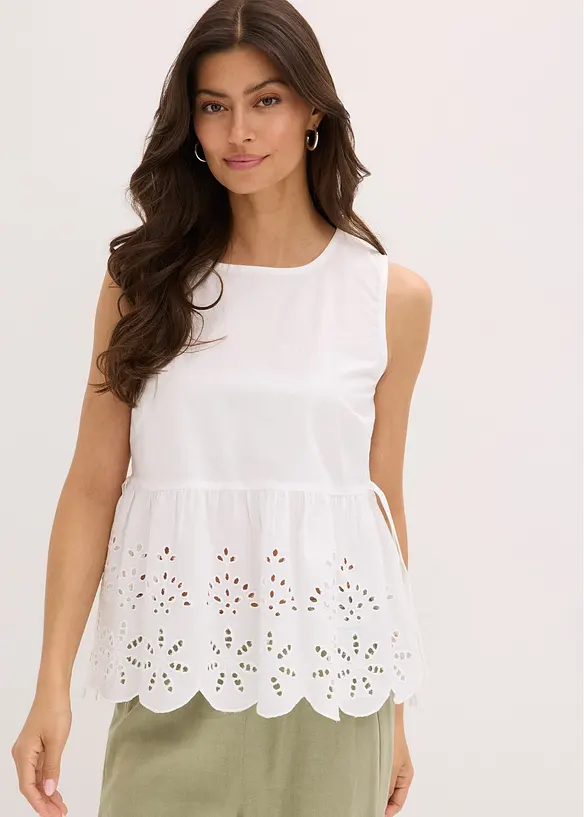 Blouse sans manches avec broderies anglaises, fendue sur les côtés, bonprix