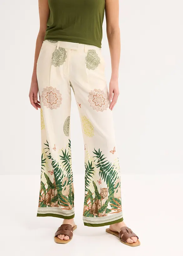 Pantalon à pinces en viscose avec imprimé bas de jambe, bonprix