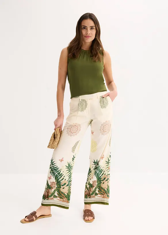 Pantalon à pinces en viscose avec imprimé bas de jambe, bonprix