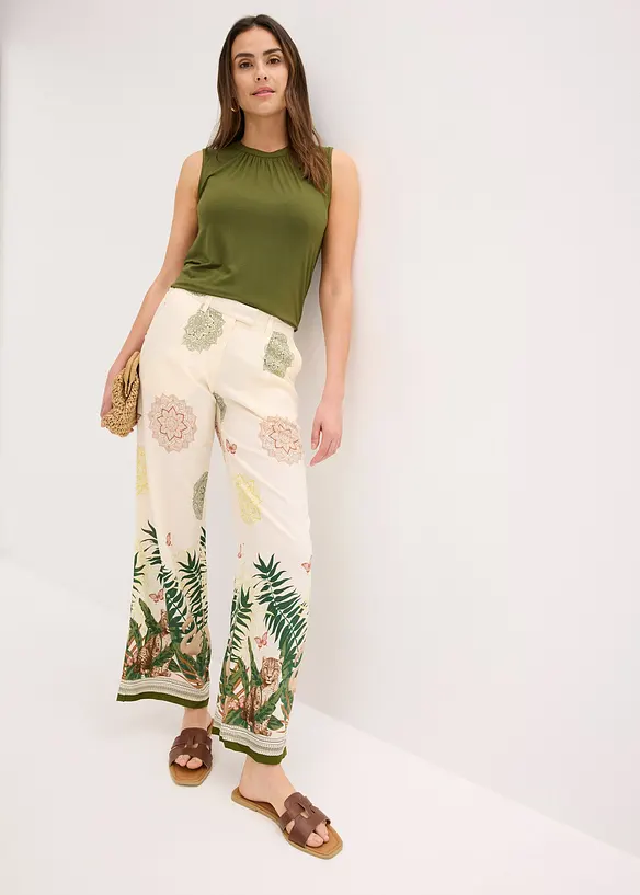 Pantalon à pinces en viscose avec imprimé bas de jambe, bonprix