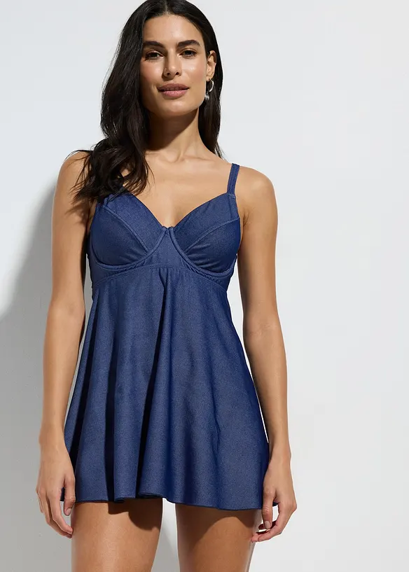 Tankini long (ens. 2 pces) aspect jean, bonprix