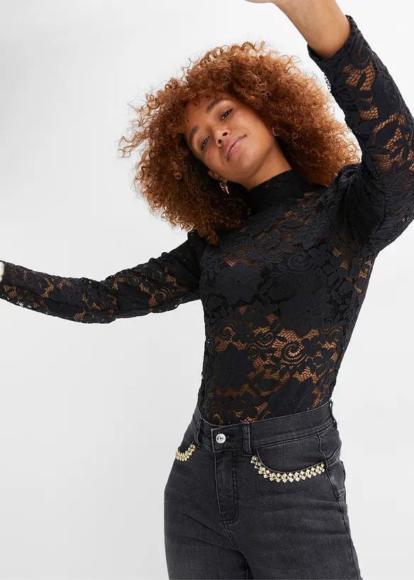 T-shirt manches longues cintré en dentelle, bonprix