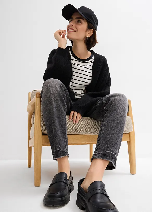 Jean mom taille haute, peu extensible, cropped, bonprix