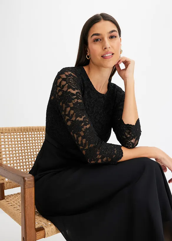 Robe midi en mousseline légère avec haut en dentelle, bonprix