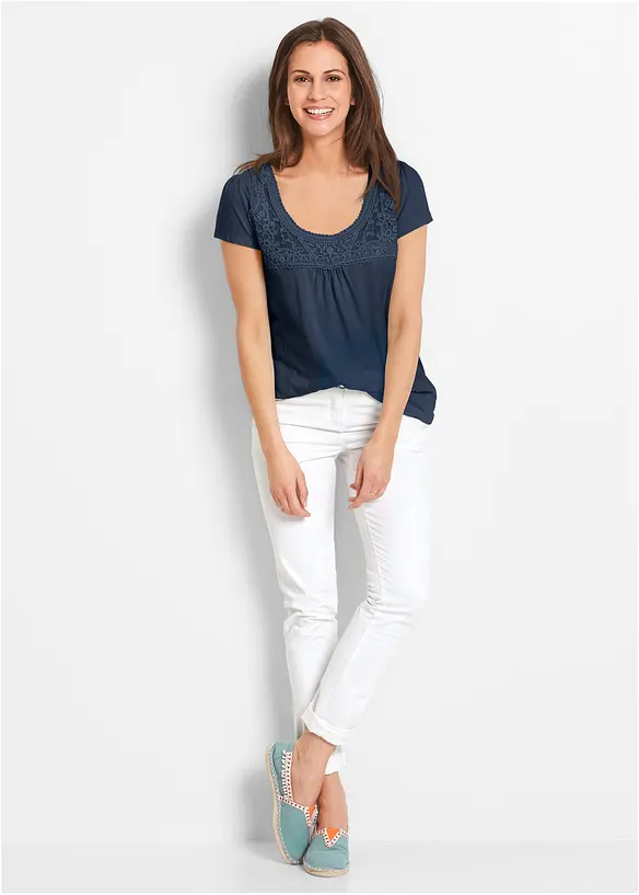 T-shirt coton et dentelle, manches courtes, bonprix