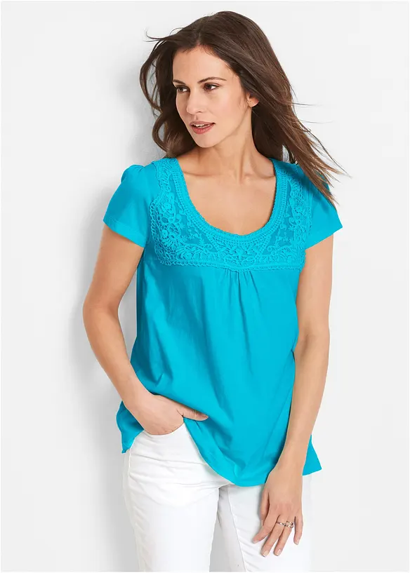 T-shirt coton et dentelle, manches courtes, bonprix