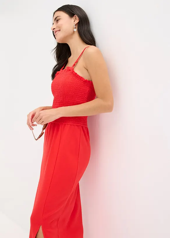 Robe midi en jersey avec empiècement smocké et fente, bonprix