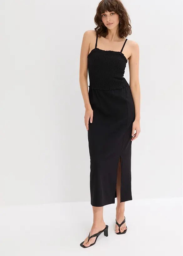 Robe midi en jersey avec empiècement smocké et fente, bonprix